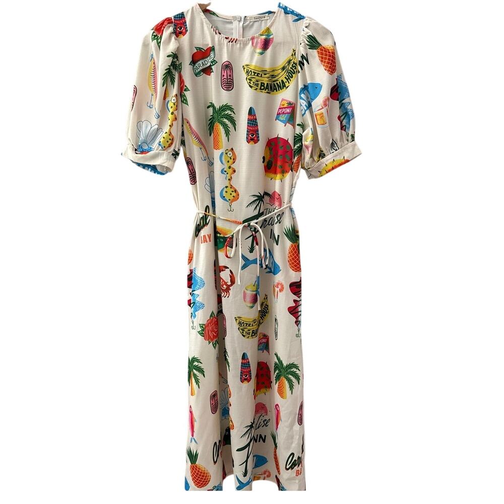Sunday Up Paradise Printed Puff Sleeve Midi Dress Beige Multi Size Medium - Picture 4 of 11